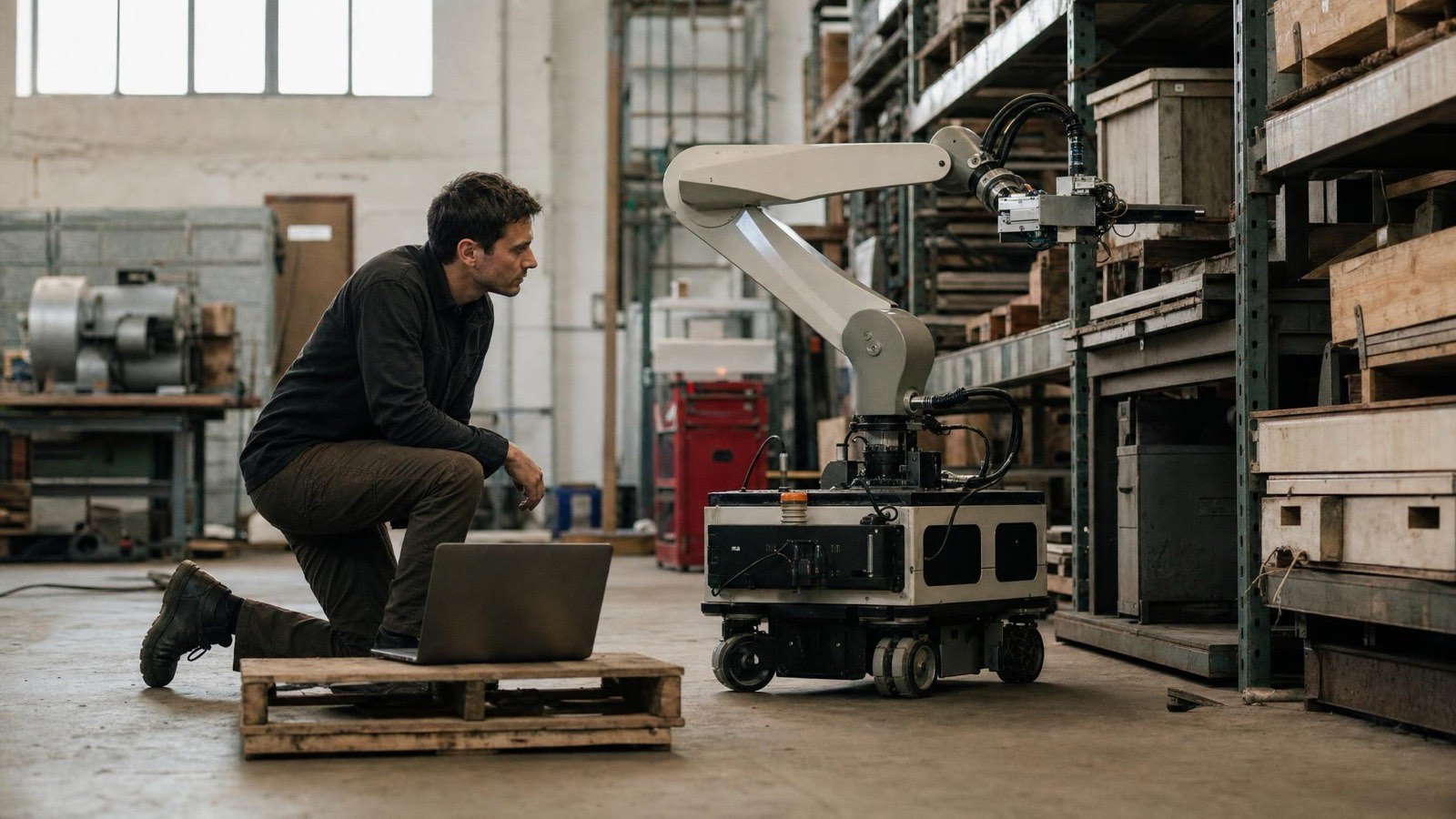 A forward deployed researcher kneeling beside a mobile manipulator robot at a real work site